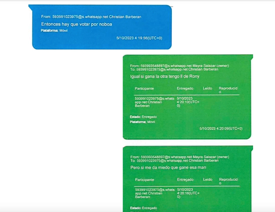 Otro detalle de chat entre Mayra Salazar y Christian Barberán.