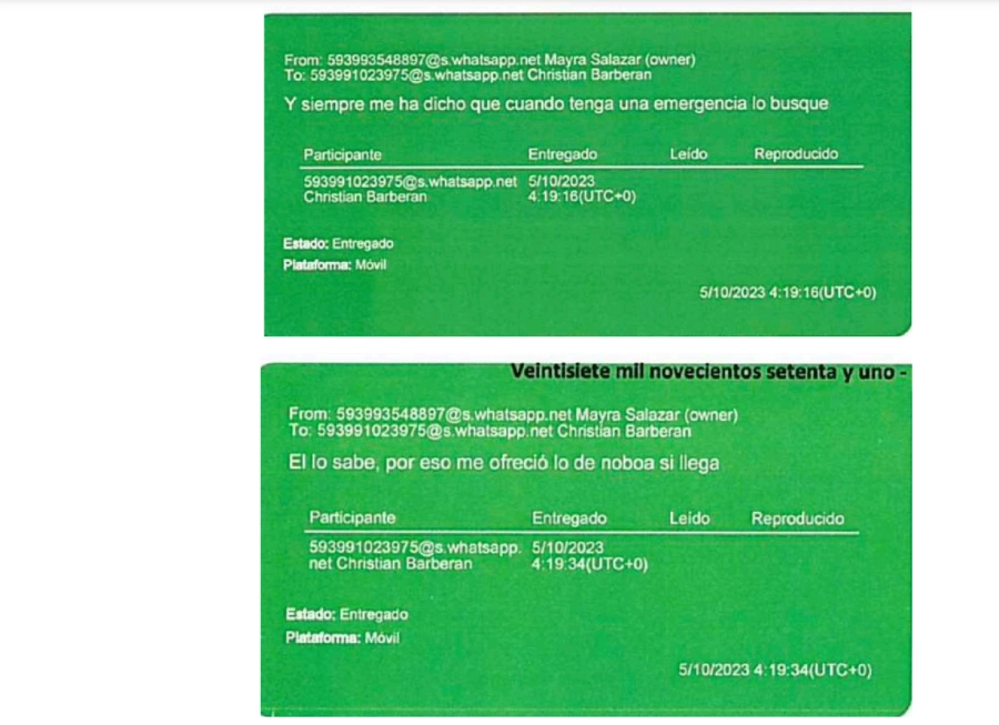 Detalle final de chat entre Mayra Salazar y Christian Barberán.